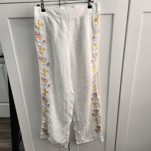 Calypso St. Barth White Linen Pants with Floral Embroidery Beach Size Small